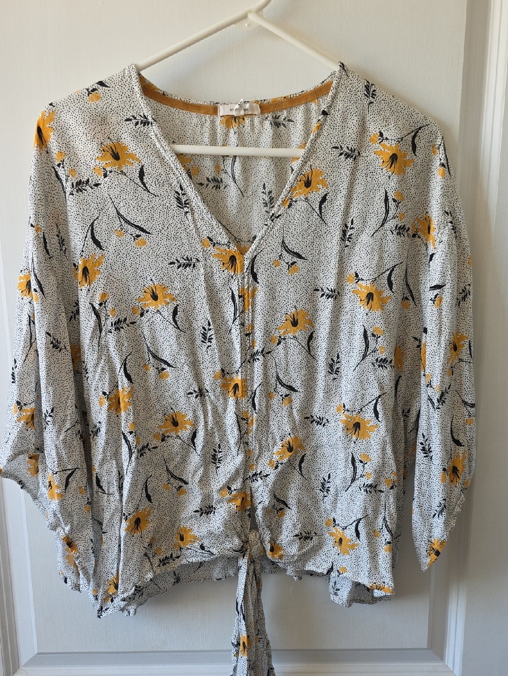 Maurices White Blouse with Yellow Floral Print and Black Accents